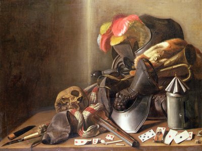 頭蓋骨のあるヴァニタスの静物、トランプと鎧、1650年頃（キャンバスに油彩） 作： French School