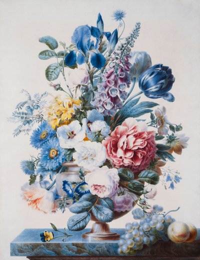 葡萄と桃のある棚の上の花の花瓶、 作： French School