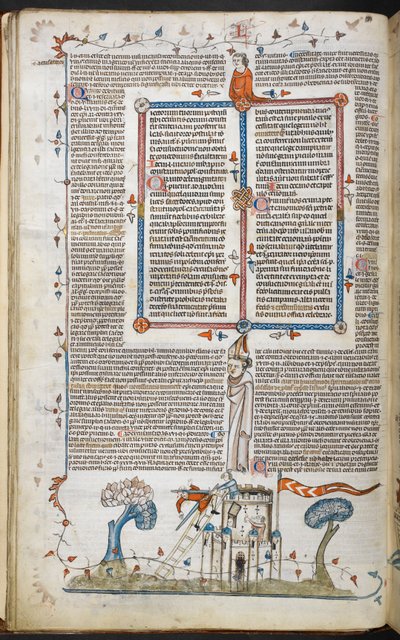 Smithfield Decretals、Royal 10 E. IV、f.18v から、防御側の 1 人に殺されながら、城に侵入しようとしている男性のページ下のシーン 作： French School