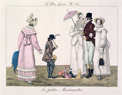 人形を踊る少年、ルボンジャンル、プレート84、c.1810（カラー彫刻） 作： French School