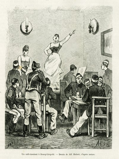 ブール・レオポルドのカフェでの歌声。エドゥアール・シャルトン（1807-1890）監督の『le tour du monde 1886』に収録されているカミーユ・レモニエの『La Belgique』の挿絵をA.Hubertが描いたもの。 作： French School