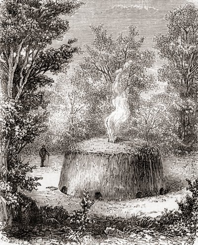 森の中の炭焼き窯。19世紀に描かれたもので、1870年頃に出版された『Les Merveilles de la Science』に収録されている（彫刻）。 作： French School