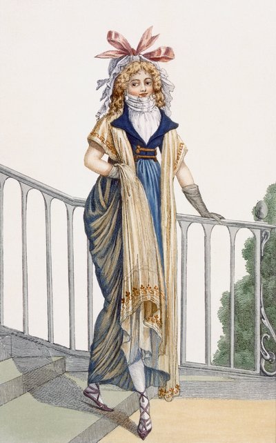 カントリースタイルのウォーキングドレス、Journal des Dames et des Modesのイラスト、1797年 作： French School