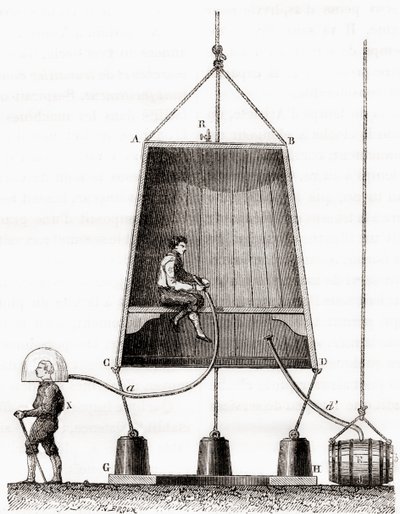 1691年にハレーが製作した潜水鐘（1870年頃に出版された「Les Merveilles de la Science」より）（彫刻 作： French School