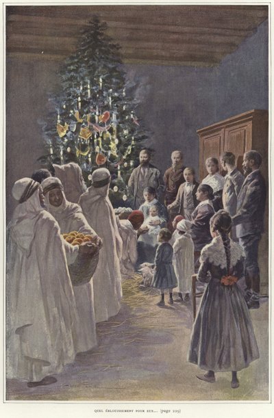 クリスマスツリーでキリスト降誕のシーンを見ている家族グループ 作： French School