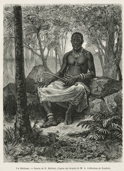 アルフレッド・マルシェが1875年から1877年にかけてガボンとオグエ川を旅した際の物語を説明するために、D.Maillartが描いたフェティッシュール（フェティッシュの魔力を使える魔術師）。Le tour du monde』に掲載されたエングレーヴィング。 作： French School