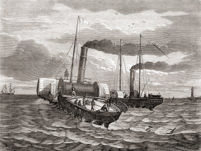 1850年、ジョン・ワトキンス・ブレットの英仏電信会社が、ドーバーからカレーまでの英仏海峡下に、改造曳船ゴリアテ号とウィジョン号を使って敷設しようとした最初の試み（1870年頃に出版された『Les Merveilles de la Science』より）。 作： French School