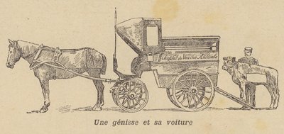 ワゴンに積み込まれる雌牛（リトグラフ 作： French School