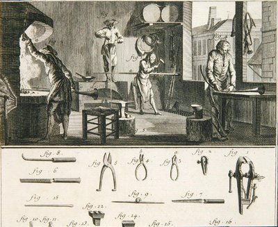 1770年頃に出版されたDenis Diderot(1713-84)の「Encyclopedie des Sciences et Metiers」に掲載されているホーンメーカーの作業場と工具(彫刻) 作： French School