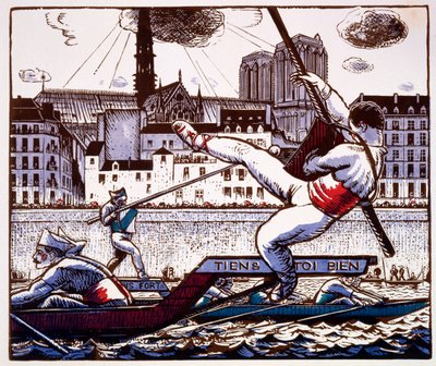 パリのセーヌ川の祭典での馬上槍試合コンテスト、1890〜1920年頃（カラー木版画） 作： French School