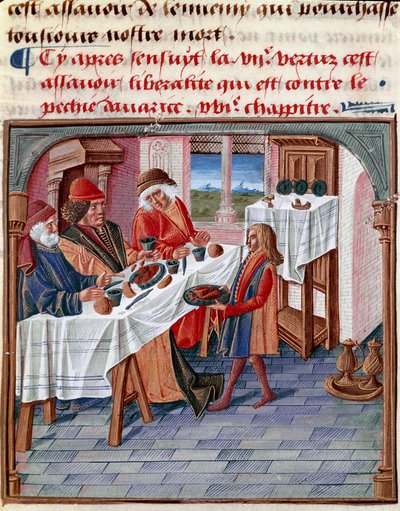 貧しい人々と食卓を共にする男性 ミニチュア 「ジャック・ルグランのボンヌ・モアールの生活」1490年 シャンティイ、コンデ美術館より引用 作： French School