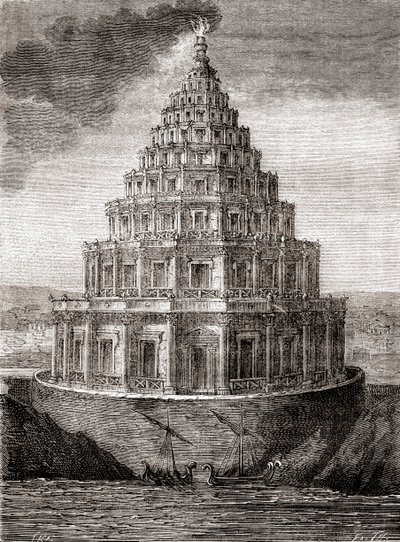 紀元前280年から247年にかけてプトレマイオス王国が建設した「アレキサンドリアの灯台」（別名「アレキサンドリアのファロス」）を19世紀に想像して描いたもので、1870年頃に出版された「Les Merveilles de la Science」に掲載されています（エングレーヴィング）。 作： French School