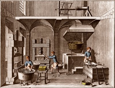 製紙工場 - 文房具。コラージュ - ドゥニ・ディドロ（1713-1784）とジャン・ダランベール（1717-1783）による「大百科全書」（Encyclopedie, ou Dictionnaire Raisonne des Sciences, des Arts et des Metiers）。 作： French School
