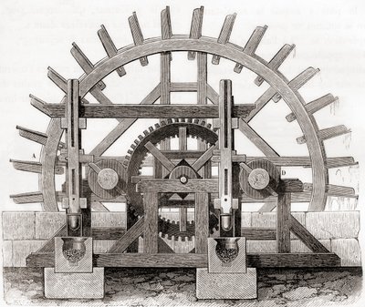 19世紀に描かれた粉ひき機とその水車（1870年頃出版の『科学の傑作』より）（エングレーヴィング 作： French School