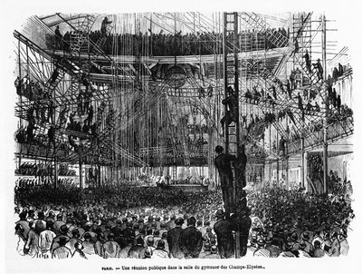 パリのシャンゼリゼ通りの体育館ホールで行われた市民集会 - "La Presse illustrée" n¡104, 30/10/1869, coll.セルバ。 作： French School