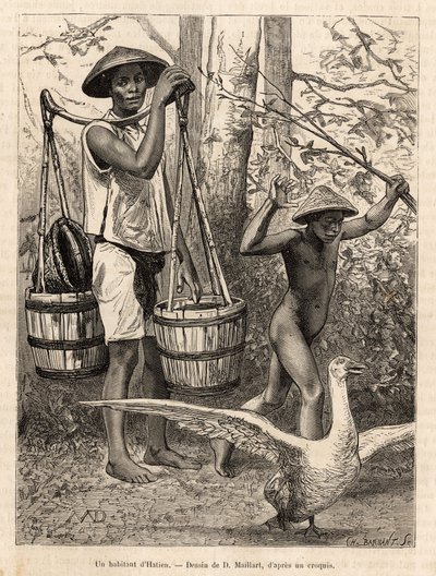 バケツや籠を運ぶハティエン（ベトナム）の住人と、棒でガチョウを狩る子供。1872年にモリス医師がコチンチンへの航海を描いたロビンの絵の後に彫られたもので、1875年にE編集の「Le tour du monde」に掲載された。 作： French School