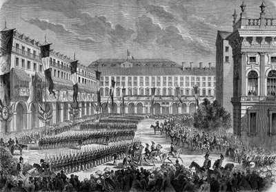 イタリア国王Victor Emmanuel II (Victor-Emmanuel) (Vittorio Emanuele)が6月7日にトリノで通過した部隊のレビューです。 作： French School