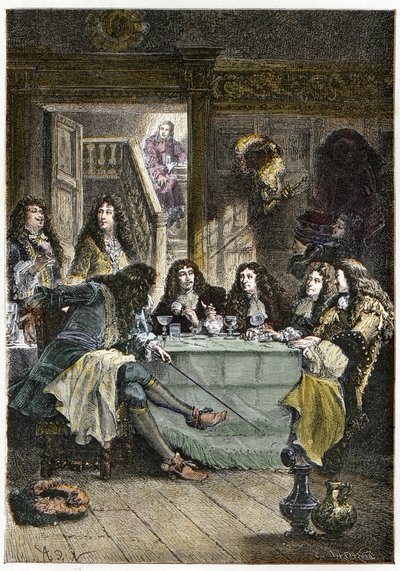 フランスの作家Jean de La Fontaine（1621-1695）、Nicolas Boileau-Despreaux（Boileau Despreaux）（1636-1711）、劇作家Jean Baptiste Poquelin dit Moliere（1622-1673）、詩人Jean Racine（1639-1699）を集めたサロン（Cabaret） - La Fontaine, Boilea 作： French School