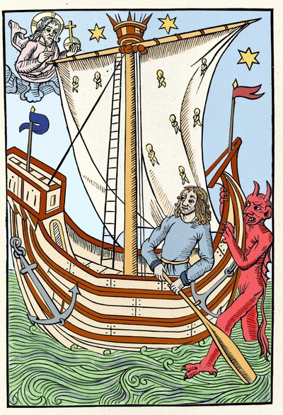 海の危険の中にある船。船首には悪魔が、左側には神が姿を現している。羊飼いたちの大いなる暦と堆肥』からのエングレーヴィング、トロワ 1491年 作： French School