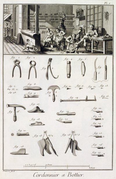 Denis Diderot（1713-84）によるEncyclopedie des Sciences et Metiersの靴とブーツメーカーとその道具、1770年頃発行 作： French School