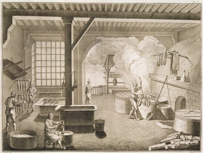 Denis Diderot（1713-84）によるEncyclopedie des Sciences et Metiersのシルク染色工房は、1770年に出版されました 作： French School