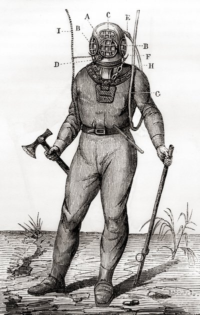 1855年にジョセフ・マルタン・カビロールが特許を取得した標準的なダイビングスーツ（1870年頃に出版された「Les Merveilles de la Science」より）（彫刻 作： French School