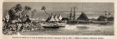 1858年から1861年にかけてシャム、カンボジア、ラオス王国を訪れたアンリ・ムホーの旅を説明するために、サバティエが描いたタイの主要河川メナム川沿いにあるパクラットの製糖工場。エドゥアール・シャルト編『Le tour du monde』の図版 作： French School