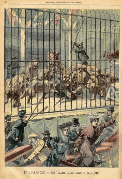 ドイツ・デッサウの動物園で、飼い主が自分のライオンに食われている。1903年12月27日、「Le Petite Parisien」誌に掲載された版画。 作： French School
