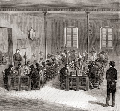 1870年頃のフランス・パリの電信局。1870年頃に出版された『Les Merveilles de la Science』より(engaving) 作： French School