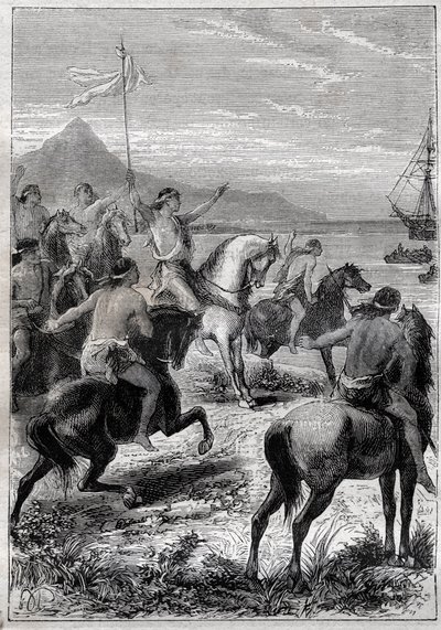 馬に乗った隊員が白い旗をつけていた。副提督ジョン・バイロン（1723-1786）は、1764年にマゼラン・デトロイトの東口にあるケープ・デ・ヴィランズの原住民に謁見した - "The Great Mariners of the 18 century "より 作： French School