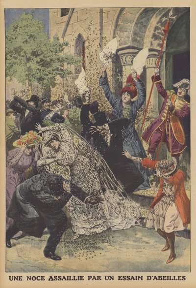 ハチの大群に襲われた結婚式（カラーリトグラフ 作： French School