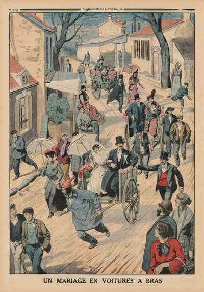 手押し車での結婚式、ルプティジャーナルの裏表紙イラスト、サプリメントイラストレーター、1914年4月5日 作： French School