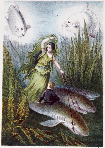 サメに乗って巨大魚から逃げる女性と少年 - H・ド・ラ・ブランシェール著『海の底への旅』所収。Paris, ed.Jouvet et Cie, sd.1880.(double 02944) 作： French School