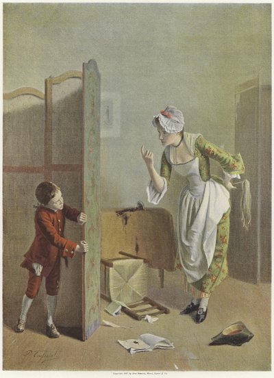 若い女性が緊張して画面の後ろに隠れている若い女性 作： French School
