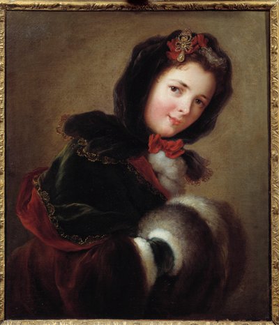 袖とケープで冬の装いをする少女。フランス派の絵画 作： French School