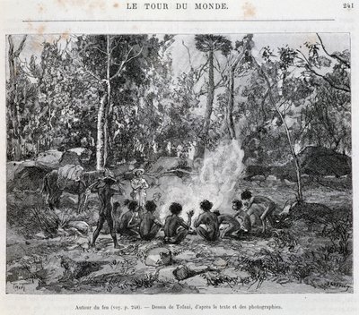 入植者に見守られながら火を囲むアボリジニー - "Tour du Monde "にて 作： French School