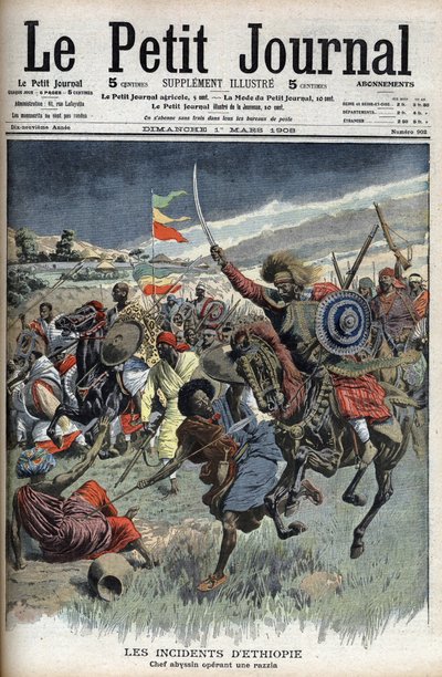 1908年3月、エチオピア、襲撃するアビシニアンの酋長（エチオピアとソマリアの国境でキリスト教徒のアビシニアンがモスレムのソマリア人と戦っている）、Le Petit Journal（彫刻）より 作： French School
