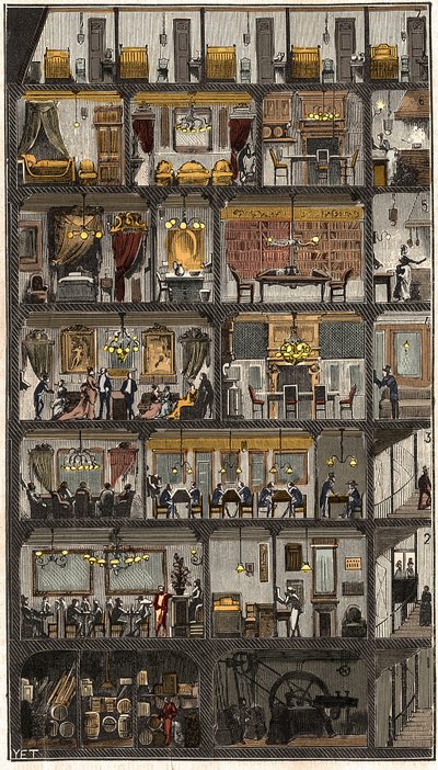 パリの宿泊施設 - パリの家の断面図 1885年 - 1885年のパリの家の断面図 「La Nature.科学とその芸術・産業への応用についてのレビュー。 作： French School
