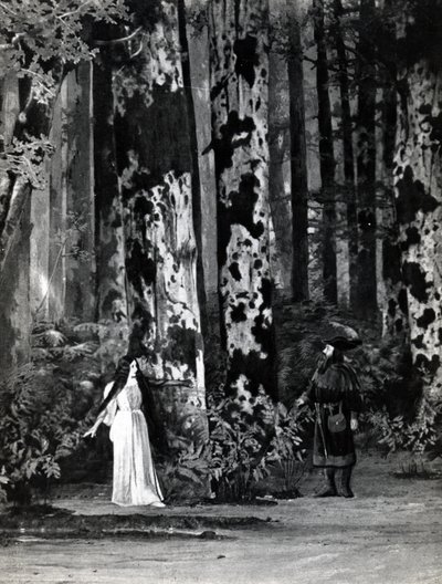 第1幕、ドビュッシーのペレアスとメリザンデのシーン1、1902年4月のパリのオペラコミケでのオペラの最初のプロダクションの写真、1902年6月の劇場誌のイラスト（li 作： French School