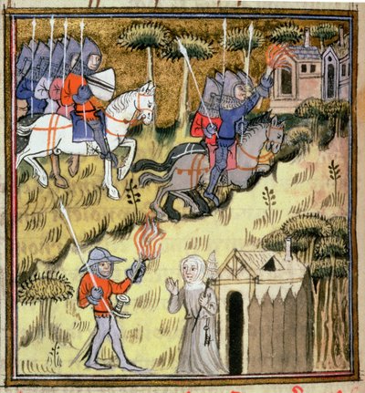 15269 f.178v Cavalry setting light を燃える松明のある建物に追加します。 修道院を兵士から守る修道女、1380年頃 作： French School