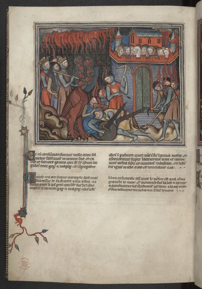 17333、f.42v、ドラゴンと戦う天国の軍隊のミニチュア (黙示録 XIX:19-20)、黙示録 (「ヴァル デュー黙示録」)、c.1320-30 (羊皮紙) から追加 作： French School