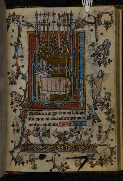 追加。 36684、f.125「棺の前で歌う三人の修道士」「時報、聖オメールの使用」のページ、1320年頃（ベラム） 作： French School