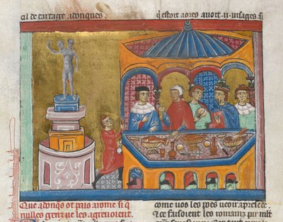 追加。 MS 15268、フォル。 242v 「古代史からカエサルまで」から上院議員が前景で食事をするヤヌス神殿 (ベラム) 作： French School