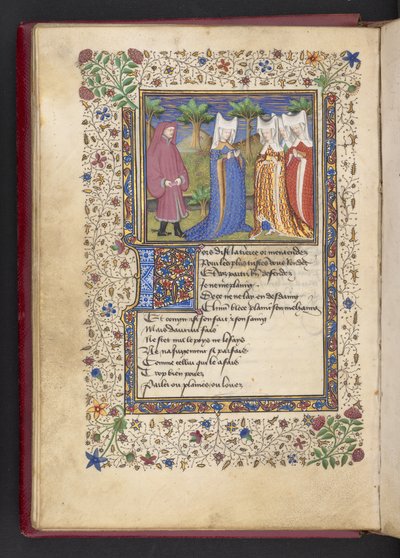 Add MS 21247 f.40v アラン・シャルティエ作「Le livre des quatre dames」より紳士と三人の淑女 (ベラム紙にインク、カラー、ゴールド) 作： French School