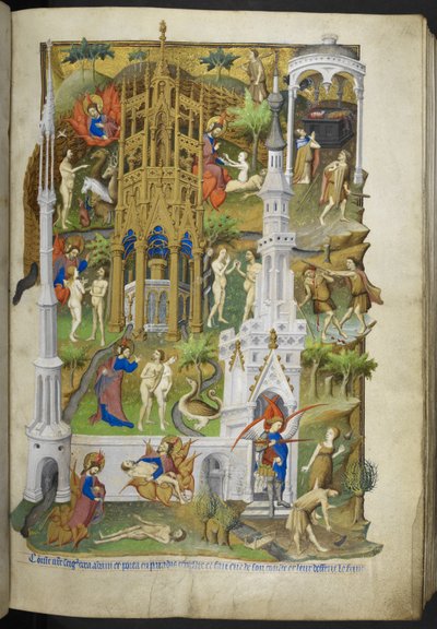 Ms 18850 f.14r 創造と堕落のシーン、アダムとイブ、そしてその息子たちのカインとアベルを時間の書 (ベッドフォード時間) から追加 c.1410-30 (ベラムにインク、色、金) 作： French School
