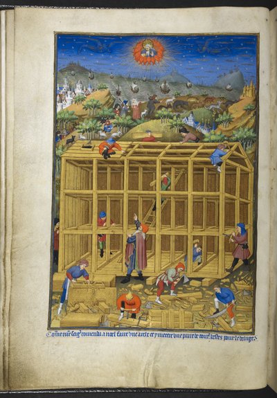 Ms 18850 f.15v を追加、時間の書 (The Bedford Hours) c.1410-30 からのノアの箱舟の建物 (ベラム紙にインク、色、金) 作： French School