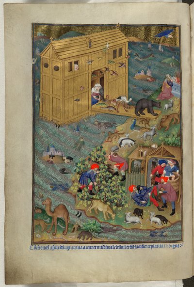 Add Ms 18850 f.16v, The exit from the Ark, from Book of Hours (The Bedford Hours) c.1410-30 (ベラムにインク、カラー、ゴールド) 作： French School