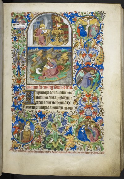 Ms 18850 f.19r 福音書の抜粋を追加。John、Luke、Matthew、Mark からの抜粋、Book of Hours (The Bedford Hours) c.1410-30 (ベラムにインク、色、金) からの抜粋を含む 作： French School