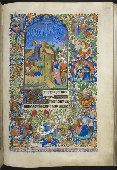 Ms 18850 f.208r、受難の時間: 庭園の苦悩、ボーダーに追加のシーンを追加、Book of Hours (The Bedford Hours) c.1410-30 (ベラムにインク、カラー、ゴールド) から 作： French School