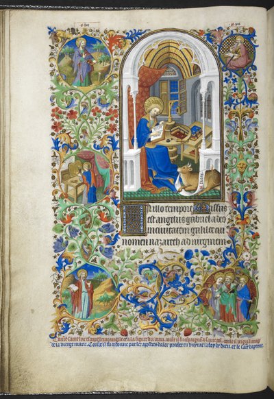Ms 18850 f.20v ルーク・ザ・エバンジェリスト、Book of Hours (The Bedford Hours) c.1410-30 から追加 (ベラムにインク、カラー、ゴールド) 作： French School